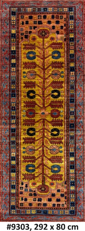 Code 9303 Uzbek Afghan Khotan Runner Karakul Wool 292x80cm Hand Knotted